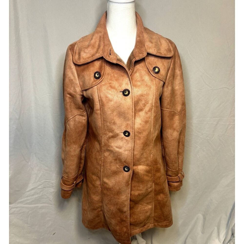 Montaco Faux Suede Button Up Collared Womens Jacket Designer Light Brown
